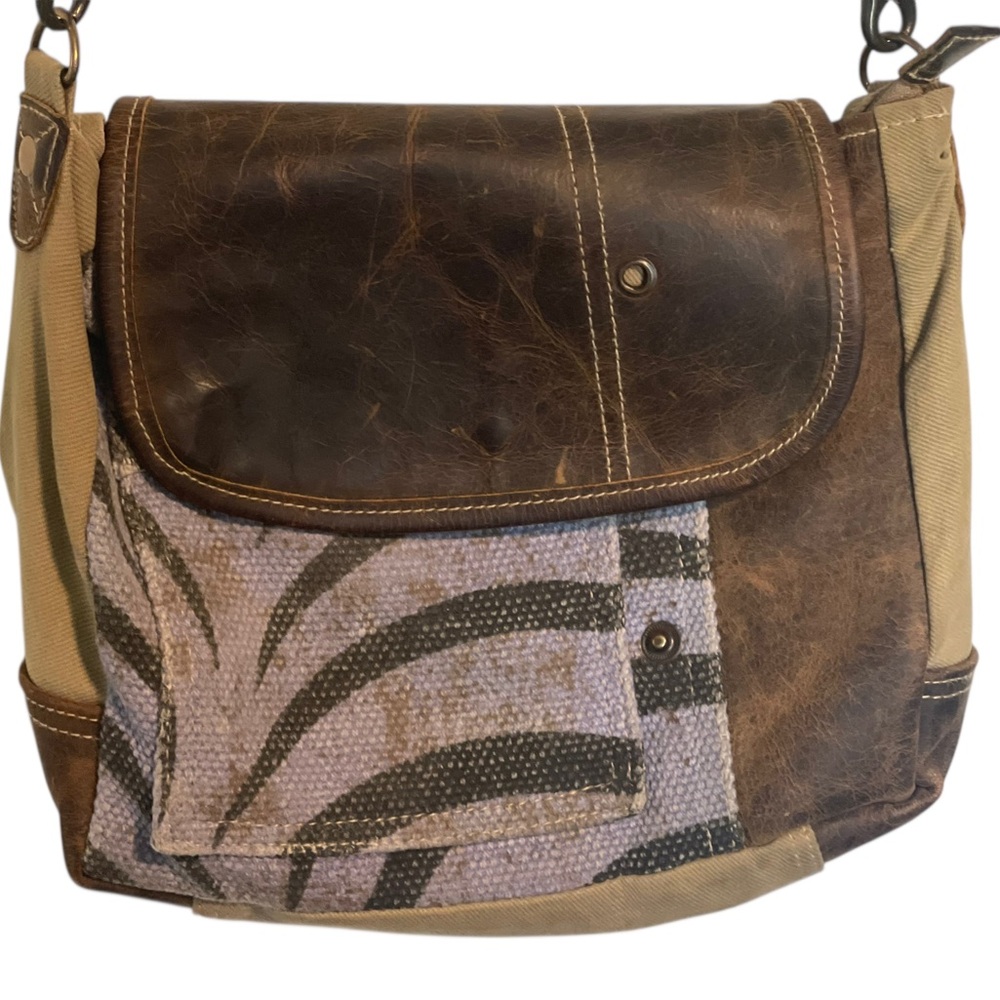 Myra Bag Crossbody Messenger Distressed Leather & Canvas Shoulder Handbag Purse - Picture 15 of 15